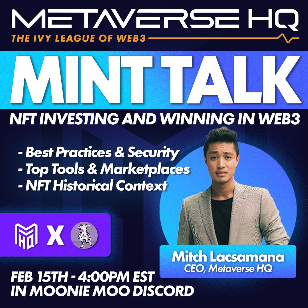 MoonieMooIO's tweet photo. Today we look forward to welcoming the CEO of @Metaverse_HQ, Mitch Lacsamana, @classicmitchup, to talk with our community about NFT investing, best practices &amp; security, and how to find opportunities in a bear!

Join the talk in our Discord, https://t.co/lUnXEme6O9 at 21:00 UTC. https://t.co/MkLiwZvJmm