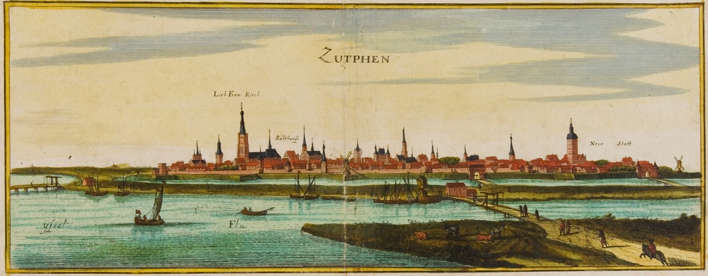 Zicht op Zutphen vanaf de westoever van de IJssel. Deze ets werd halverwege de 17e eeuw gemaakt. ⁠
⁠
(Bron: 1551 - 2647, Peeters, J.; Merian, K., Public Domain Mark 1.0 licentie.)