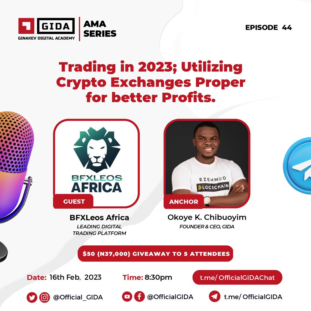 Know how to Utilize Crypto Exchanges Proper to make maximum profits?

Join us Tomorrow on this AMA session with <a href="/BFXLeosAfrica/">BFXLeosAfrica</a>.

💰💰: $50 (N37,000) Giveaway to 5 Attendees. Don’t miss it!

Reserve a seat here on TG:
t.me/OfficialGIDACh…

🗓️: Thurs, 16th Feb,2023

⏰: 08:30 PM