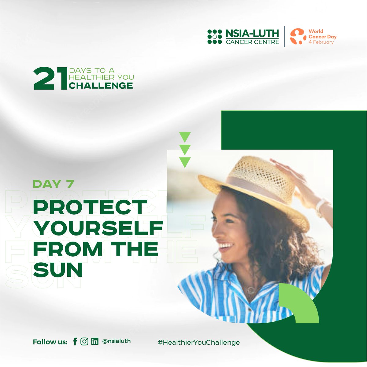 medservecancer's tweet photo. 21 Days to A Healthier You Challenge.

Day 7: Protect yourself from the sun. #SkinCancer is a common kind of cancer and one of the most preventable.

#21Days #HealtheirYouChallenge #NLCCWCD #WorldCancerDay #CloseTheCareGap #NLCC #NSIA #LUTH #Lifestyle #HealthyLifestyle #SkinBurn https://t.co/gHaLRkxE4x