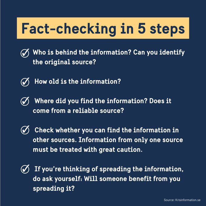 With so much going on around the globe, we can all do our bit to stop online disinformation by sharing responsibly. Source criticism is a crucial tool. Here’s fact-checking in five easy steps. 🖐️🏽
#FactCheckingisEssential