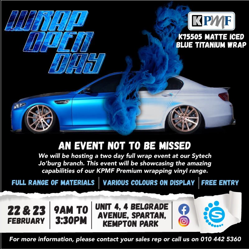 SytechSupplies's tweet photo. 🚨EVENT ALERT🚨 Calling all current and potential wrappers. Sytech Jo'burg will be hosting a two-day full car wrap event. We will be wrapping a vehicle in our KPMF K75505 Matte Iced Blue Titanium showcasing KPMF premium wrap films. Please note: This is not a wrap training course. https://t.co/DNUxs5QvuH