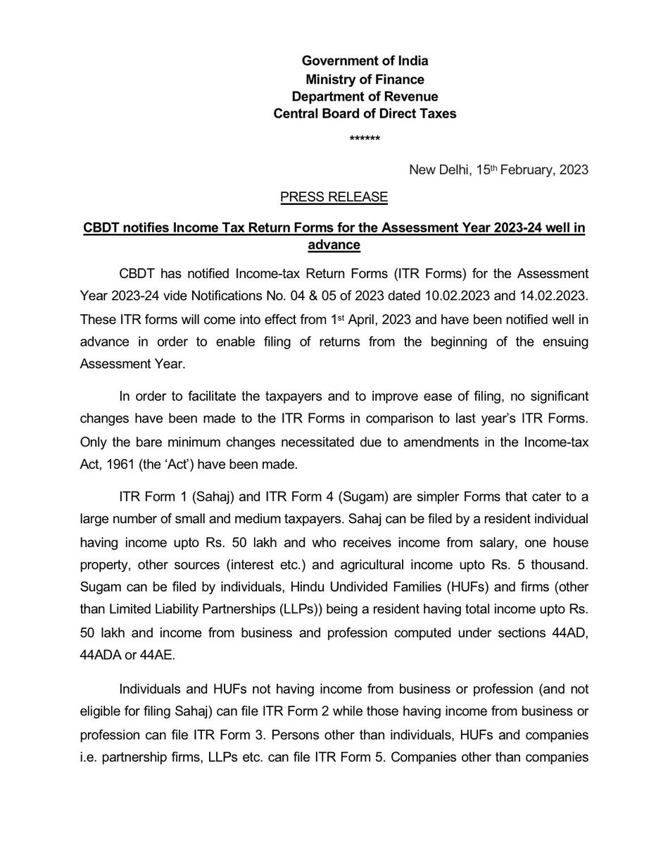 IncomeTaxIndia's tweet photo. CBDT has notified Income-tax Return Forms (ITR Forms) for the AY 2023-24 vide Notifications No. 04 &amp; 05 of 2023 dtd 10.02.2023 &amp; 14.02.2023 well in advance in order to enable filing of returns from the beginning of the ensuing AY.
Details in Press Release
https://t.co/LN67SHrZDi https://t.co/Yle6EtFLIQ