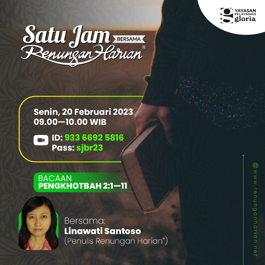 RH_net's tweet photo. Satu Jam bersama Renungan Harian®️

Sarana saling berbagi atas perenungan waktu teduh pribadi kita bersama tim redaksi, penulis, dan pembaca/sahabat Renungan Harian®️ dari berbagai tempat secara daring.

Mari bergabung bersama kami.

#sjbr #berbagi #waktuteduh #renunganharian https://t.co/lHHAfHHzjb