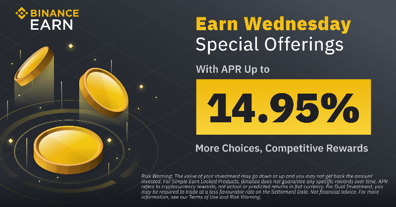 binance's tweet photo. Earn Wednesday is back!

Explore new rewarding offers with #Binance Earn below ⬇️