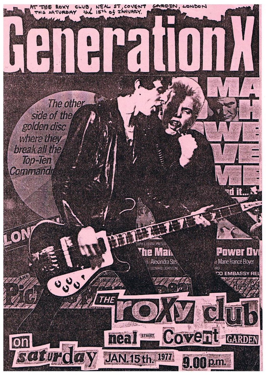 OTD 15 January 1977 Generation X, supported by The Adverts, played the Roxy, London.
It was #TheAdverts first gig:  #GenerationX drummer John Towe worked with Adverts' guitarist Howard Pickup & invited them to open. 
(flyer from genxpunkband FB page)
#punk #billyidol