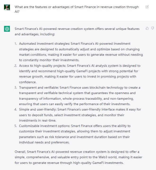 SmartFinanceNFT's tweet photo. 🤖AI is taking over the way we do things in our everyday lives.

Here is a summary of the advantages of #SmartFinance composed by @OpenAI’s #ChatGPT!

Check it out👇

#Web3 #NFTFi #DeFi https://t.co/D7HCZVdx59