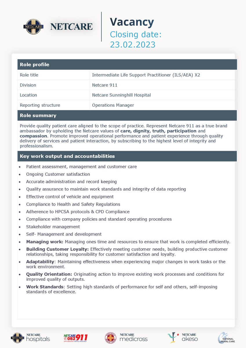 NETCARE 911 on Twitter "Vacancy Intermediate Life Support (ILS) X2