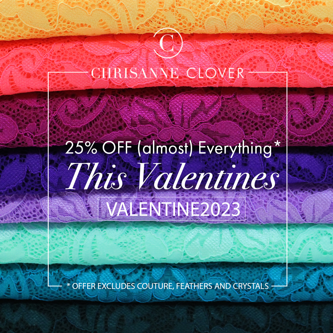 It is the last day of our Valentine's treat with 25% off (almost) everything. Enter promo code VALENTINE2023 at checkout 

Offer ends today!

chrisanne-clover.com

#dancefabric #lace #stretchlace #fabric #stretchfabric  #valentines #dressmaker #dancedress #ballroom #latin