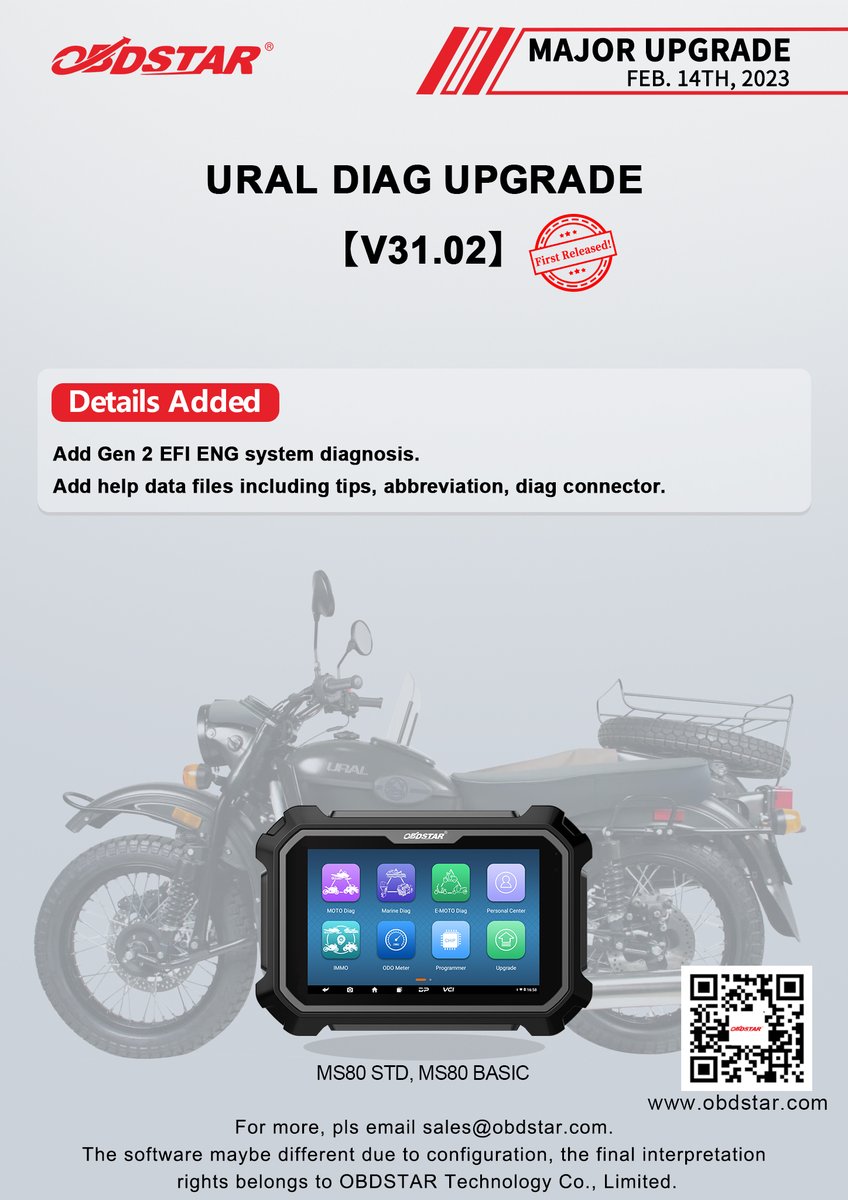 ObdstarTec's tweet photo. #OBDSTAR #Motorcycle #Diag
#FirstReleased
URAL DIAG UPGRADE【V31.02】
#MajorUpgrade
ARCTIC CAT DIAG UPGRADE【V31.00】
KYMCO DIAG UPGRADE【V31.00】
#motorcyclescanner #scannertool #diagtool #motordiag #MS80STD #MotorcycleDiagnosticScanner #MotorcycleScannerTool https://t.co/hdoXkXMH3f