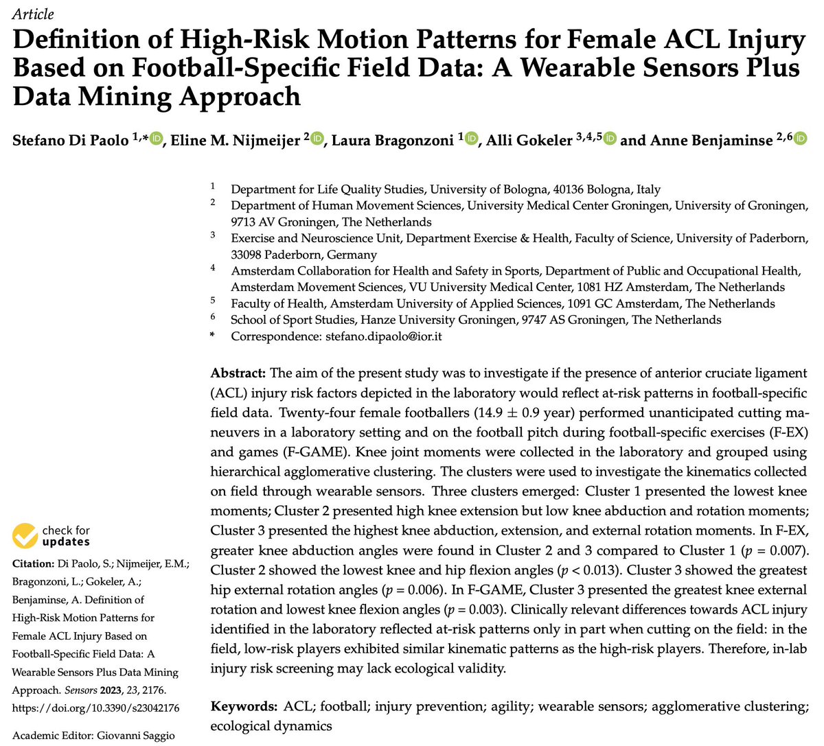 👉🏻 in-lab #ACL #injury risk screening may lack ecological validity We have compared #agility in a lab and on the field. #female #girls #soccer #football #health #youth #talent #coach Thanks team @NijmeijerEline @AlliGokeler @StDiPaolo 🙏🏻🤩 and thanks @ZonMw for funding 🙏🏻