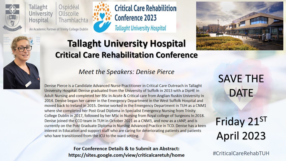 We are delighted to have Denise Pierse represent our fabulous #CritcalCare Outreach Team at #CriticalCareRehabTUH.

Denise is a candidate Advance Nurse Practitioner, and will join us to talk about the evolving role of CCO in TUH ⭐️

#TUHWorkingTogether #ICUTwitter