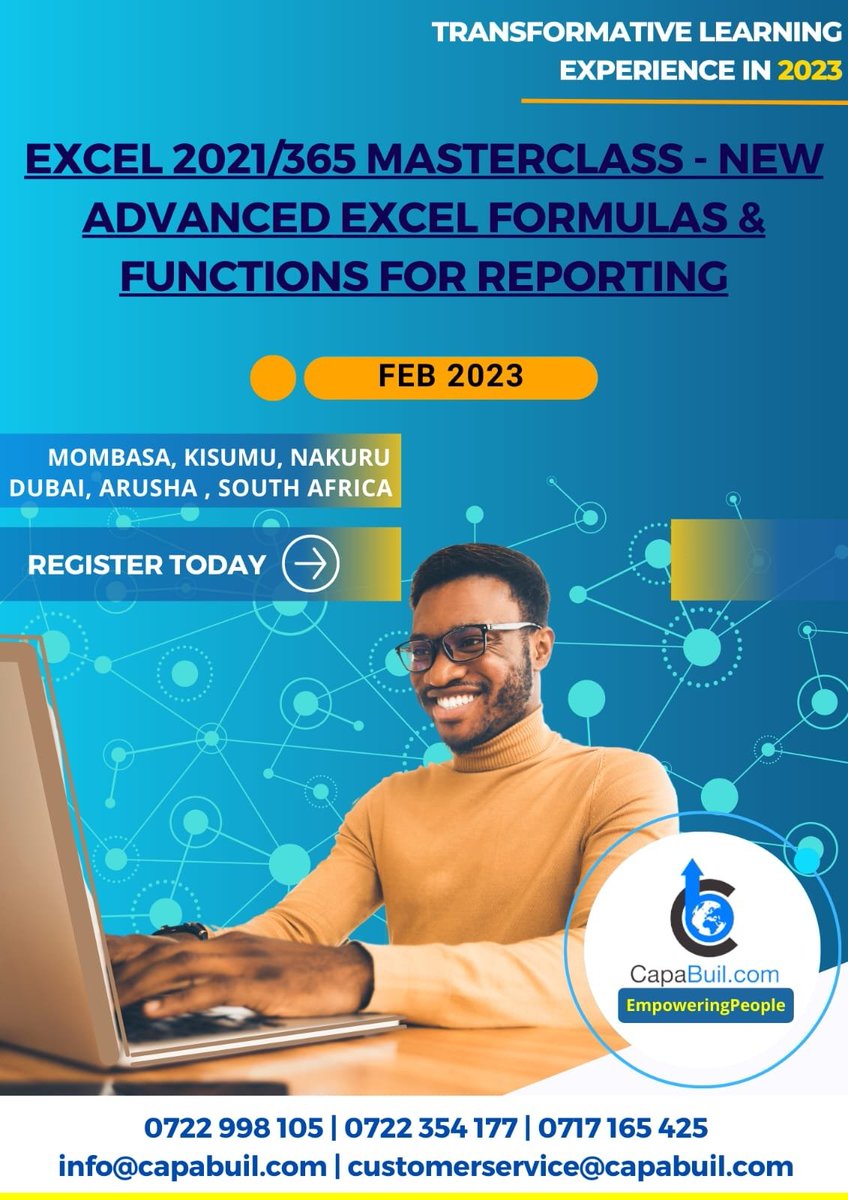 SimonMwachi's tweet image. Take Your Excel 2021/365 Skills to the Next Level with Our Advanced Formulas and Functions Masterclass Training
Sign up now and transform your reporting game! capabuil.com/events/dsf-102…
Train in MOMBASA | KISUMU | NAKURU
#ExcelMasterclass #CorporateTraining #DataAnalysis