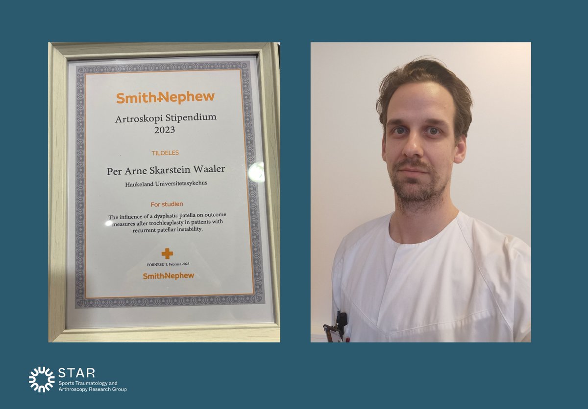 STAR (@star_bergen) on Twitter photo Congratulations to @pawaaler on receiving the <a href="/SmithNephewPLC/">Smith+Nephew</a> 's scholarship for his project "Patient reported outcomes and Patient Acceptable Symptom State (PASS) following surgical treatment for recurrent patellar instability".
Well done 🥳🙌 Congratulations to @pawaaler on receiving the <a href="/SmithNephewPLC/">Smith+Nephew</a> 's scholarship for his project "Patient reported outcomes and Patient Acceptable Symptom State (PASS) following surgical treatment for recurrent patellar instability".
Well done 🥳🙌
