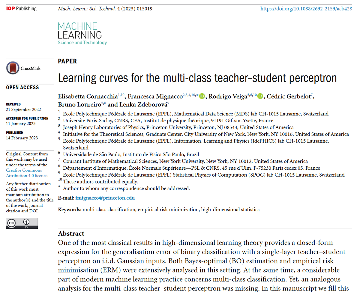 Machine Learning: Science and Technology (@mlstjournal) on Twitter photo Great new work by <a href="/zdeborova/">Lenka Zdeborova</a> <a href="/_brloureiro/">Bruno Loureiro</a> <a href="/CedricGerbelot/">Cedric Gerbelot</a> @rodsveiga <a href="/framigna/">Francesca Mignacco</a> <a href="/EPFL_en/">EPFL</a> <a href="/ENS_ULM/">Ćcole normale supĆ©rieure | PSL</a> <a href="/phybiofunc/">CPBF</a> <a href="/ITSCUNY1/">ITS@CUNY</a> <a href="/idephics/">IdePHICS lab</a> - 'Learning curves for the multi-class teacherāstudent perceptron'-bit.ly/3jWHRWP #machinelearning #statphys #optimization #neuralnetworks #AI Great new work by <a href="/zdeborova/">Lenka Zdeborova</a> <a href="/_brloureiro/">Bruno Loureiro</a> <a href="/CedricGerbelot/">Cedric Gerbelot</a> @rodsveiga <a href="/framigna/">Francesca Mignacco</a> <a href="/EPFL_en/">EPFL</a> <a href="/ENS_ULM/">Ćcole normale supĆ©rieure | PSL</a> <a href="/phybiofunc/">CPBF</a> <a href="/ITSCUNY1/">ITS@CUNY</a> <a href="/idephics/">IdePHICS lab</a> - 'Learning curves for the multi-class teacherāstudent perceptron'-bit.ly/3jWHRWP #machinelearning #statphys #optimization #neuralnetworks #AI