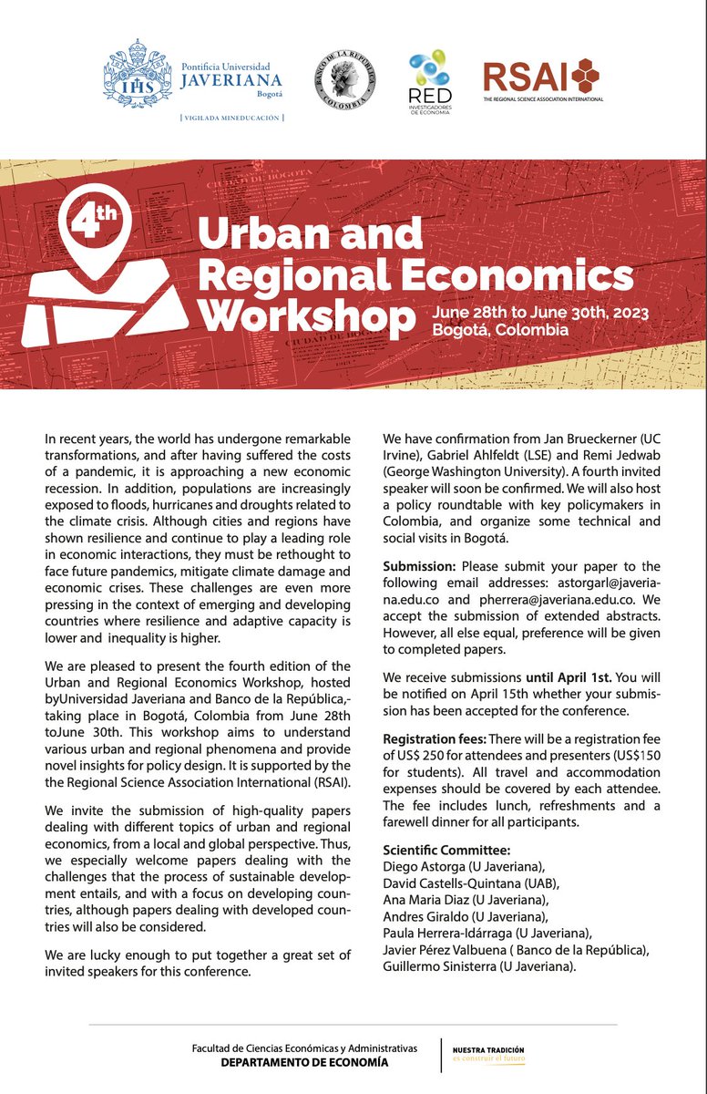 Our call is out! Join us for the 4th edition of our #UrbanRegionalWorkshopBogota2023. Submit your paper now! #urbanandregional @JaverianaEcon @BancoRepublica @economia_red @NewsRSAI