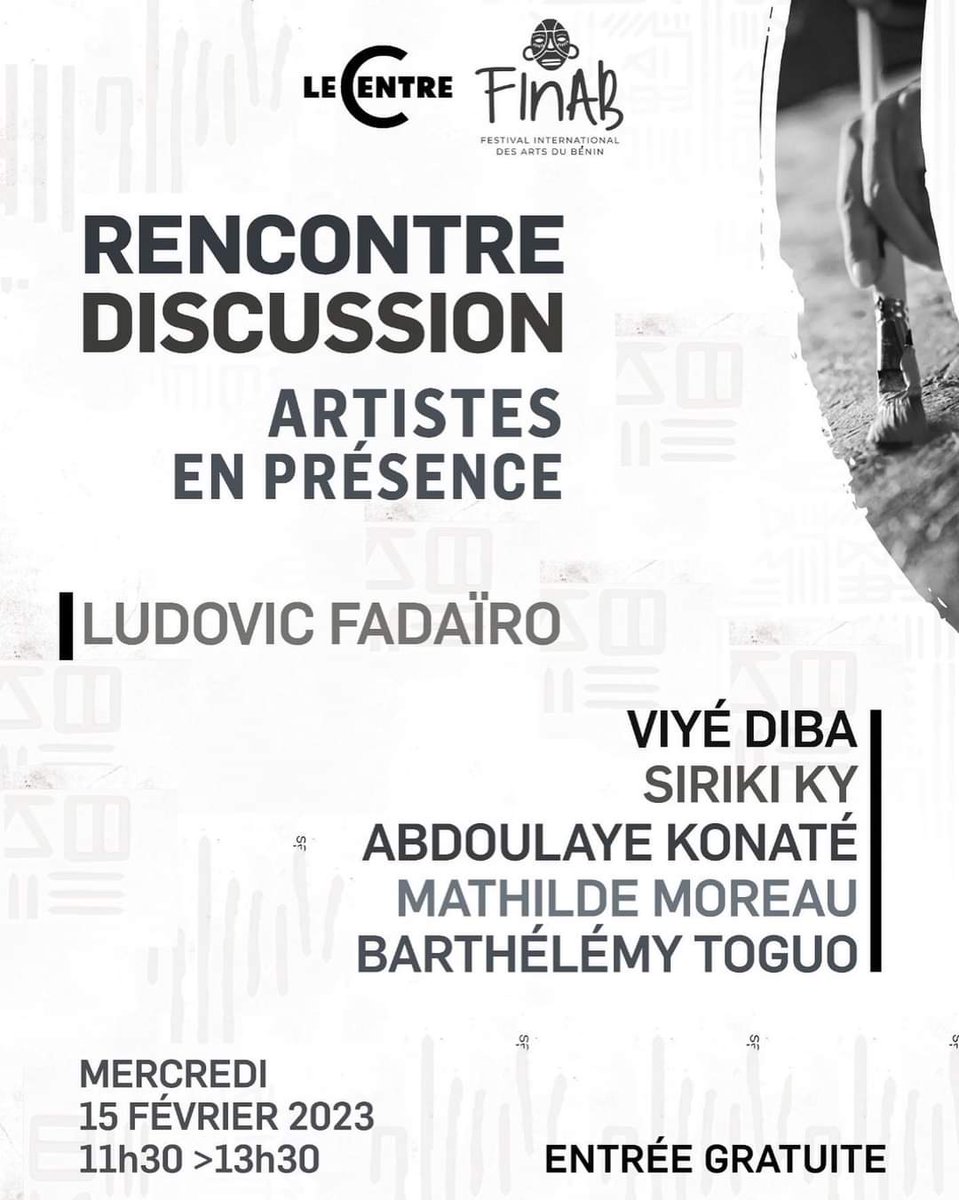 dekaapp's tweet photo. https://t.co/W7vVy0CO83 // AGENDA

RENCONTRE DISCUSSION à l’espace artistique Le Centre

Ce jour 15 Février à  11h30 avec Ludovic FADAÏRO, Viyé DIBA, *Sikiri KI , Abdoulaye KONATE, Mathilde MOREAU &amp; Barthélémy TOGUO

#Dekaapp #artcontemporain #artvisuels #Wasexo #Tognidaho #Finab https://t.co/9LrE8X0rW7