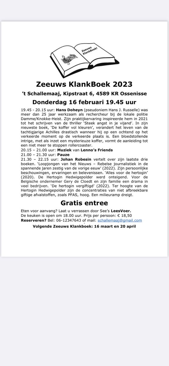 Zeeuws Klankboek organiseert weer een avond vol boeken, schrijvers en fijne muziek. Natuurlijk in: #Ossenisse