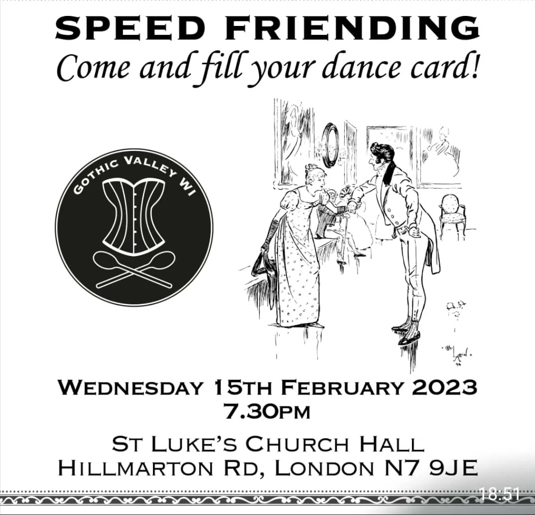 GothicValleyWI's tweet photo. Today's the day for #GVWI's debut speed friending event! Meet awesome new people &amp; get to know old ones better at our #alternativevalentines meeting. Dance cards &amp; cake will be provided at St Luke's church from 7.30pm  #speedfriending #newconnections  https://t.co/VJJQBCfqqM https://t.co/5qljoYm4Se