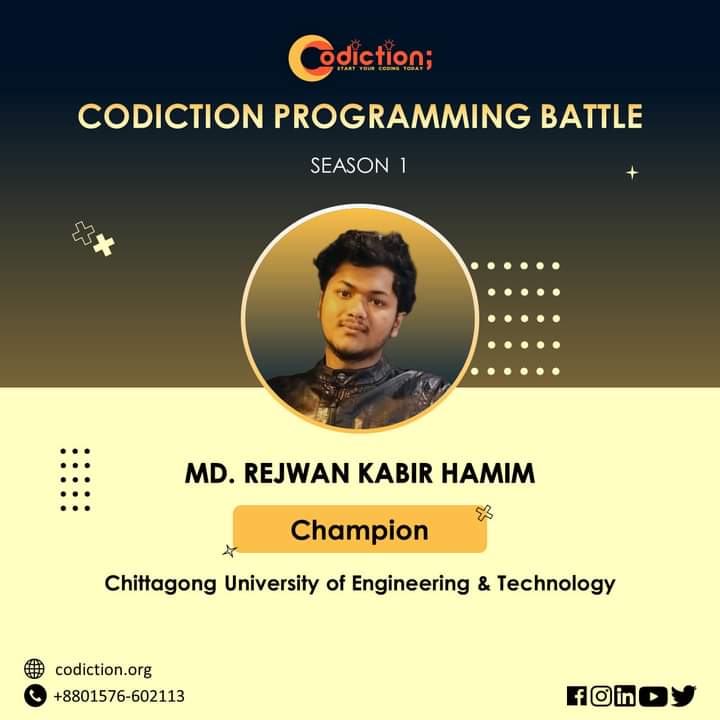 codiction_team's tweet image. Codiction Programming Battle Season 1.0 এর চ্যাম্পিয়ন 📣🏆
🥇 মোঃ রেজওয়ান কবির হামিম 
🥈 মুনজিব হাসান 
🥉 সোলাইমান হোসেইন 
#codiction #programmingbattle #programming #contest #codingchallenge #programmingchallenge #programmingcontest #cuet #mist #bsmrstu #programmer