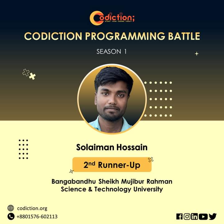 codiction_team's tweet image. Codiction Programming Battle Season 1.0 এর চ্যাম্পিয়ন 📣🏆
🥇 মোঃ রেজওয়ান কবির হামিম 
🥈 মুনজিব হাসান 
🥉 সোলাইমান হোসেইন 
#codiction #programmingbattle #programming #contest #codingchallenge #programmingchallenge #programmingcontest #cuet #mist #bsmrstu #programmer