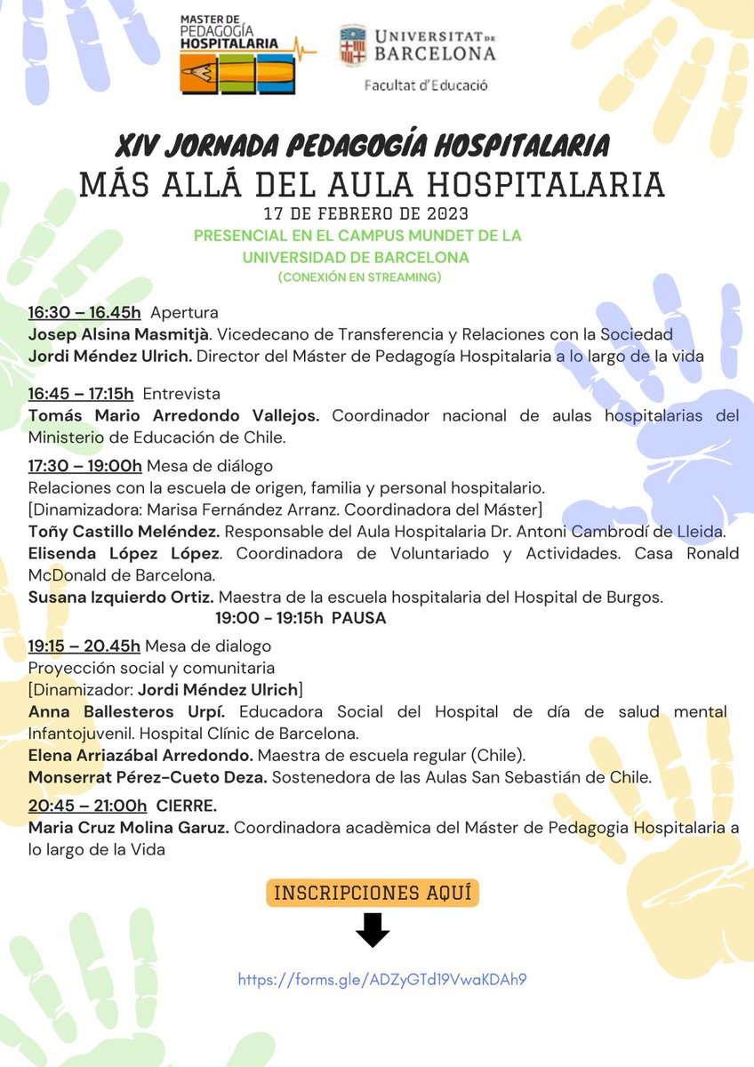 XIV JORNADA DE PEDAGOGÍA HOSPITALARIA "Más allá del aula hosptitalaria".

📅 17 de diciembre de 16.30 a 21
📍 Sala Júlia Espín. Edifici de Llevant. Campus Mundet

Actividad gratuita, presencial y con certificado de asistencia.

Inscripciones: tinyurl.com/3sn3984w