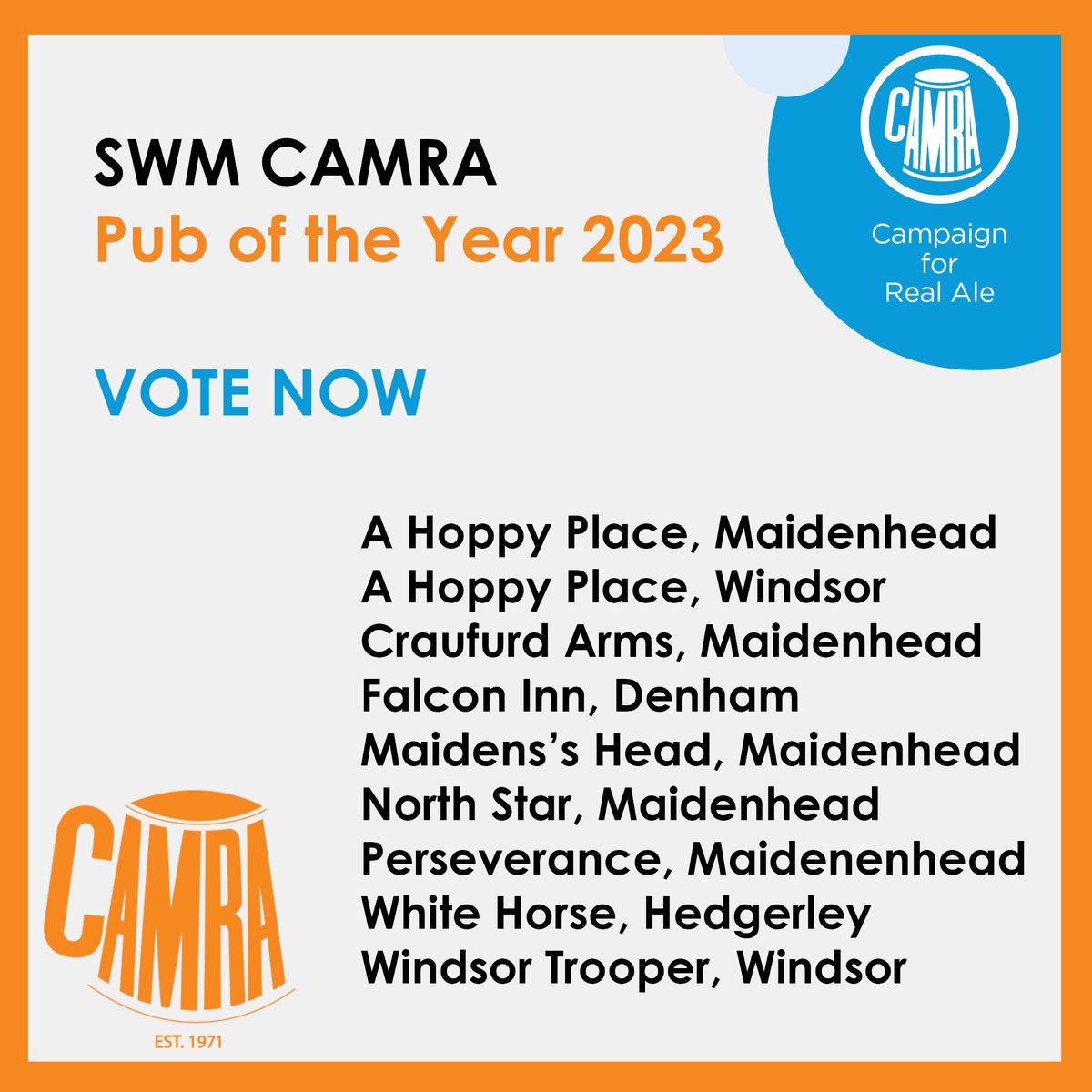 VOTE NOW for the 2023 SWM CAMRA pub of the year. 

Check your email for voting instructions. 

Are you an SWM CAMRA member but did not get an email? Please contact membership.sec@swm.camra.org.uk 

Vote by March 3rd!

Not a member? Sign up now to vote!

#realale #beer #pub