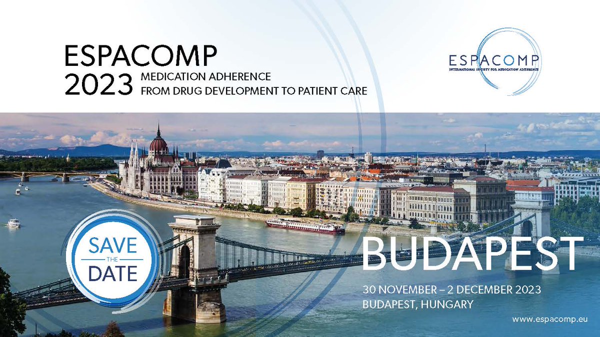 𝗦𝗔𝗩𝗘 𝗧𝗛𝗘 𝗗𝗔𝗧𝗘: The 27th ESPACOMP Conference will be held in Budapest (Hungary) from Nov 30 to Dec 2, 2023, with a special focus on 𝗠𝗲𝗱𝗶𝗰𝗮𝘁𝗶𝗼𝗻 𝗮𝗱𝗵𝗲𝗿𝗲𝗻𝗰𝗲 𝗳𝗿𝗼𝗺 𝗱𝗿𝘂𝗴 𝗱𝗲𝘃𝗲𝗹𝗼𝗽𝗺𝗲𝗻𝘁 𝘁𝗼 𝗽𝗮𝘁𝗶𝗲𝗻𝘁 𝗰𝗮𝗿𝗲. More info soon!