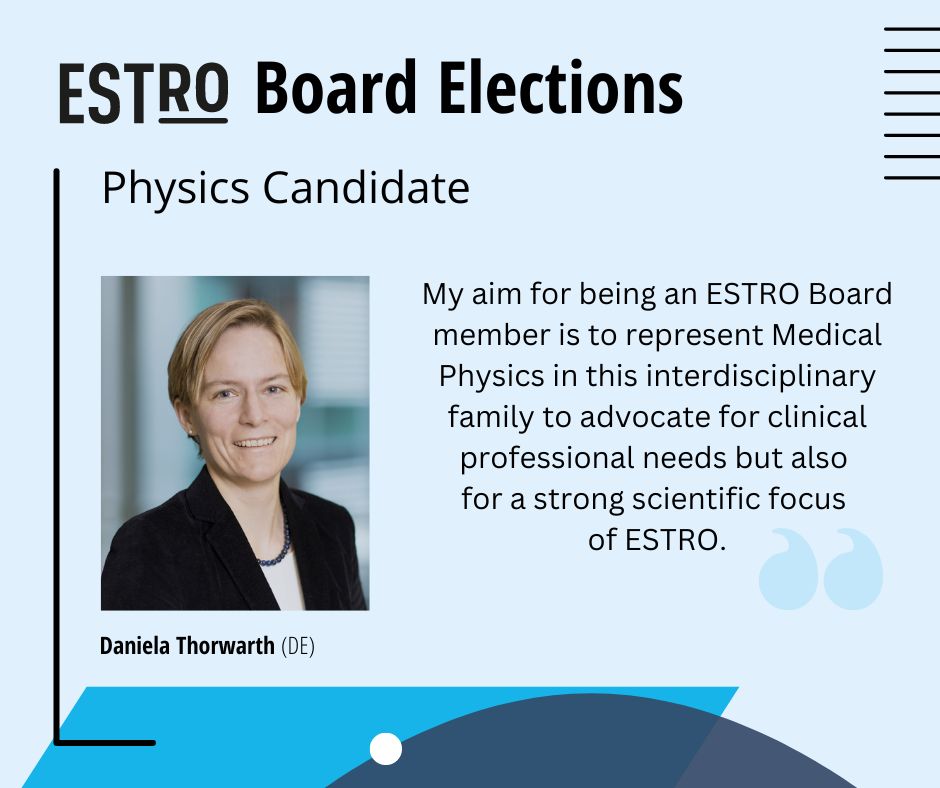 #MeetTheCandidates 
ESTRO Board elections: Daniela Thorwarth @D_Thorwarth, Medical Physicist candidate. 
👉 Visit estro.org/About/Elections to read her biography and statement.