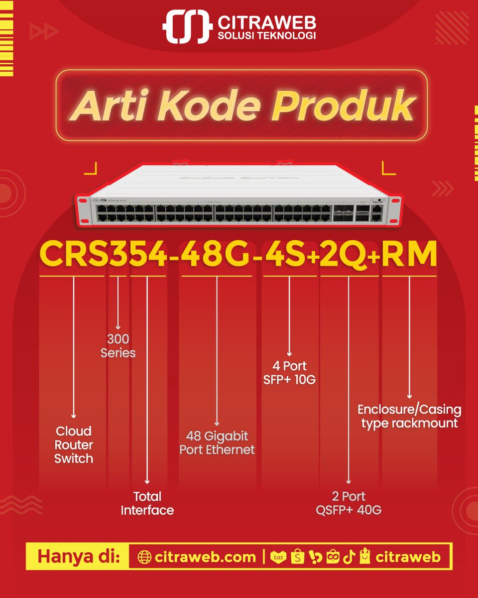 citraweb_com's tweet image. Sebenarnya kita bisa mengetahui spesifikasi perangkat MikroTik langsung dari Kode produk saja.

📔 Informasi tentang cara membaca kode produk MikroTik dapat kalian pelajari lebih lengkap di artikel kami:
citraweb.com/artikel/322/

#MikrotikCode #MikroTik #MikrotikTutorial #Citraweb