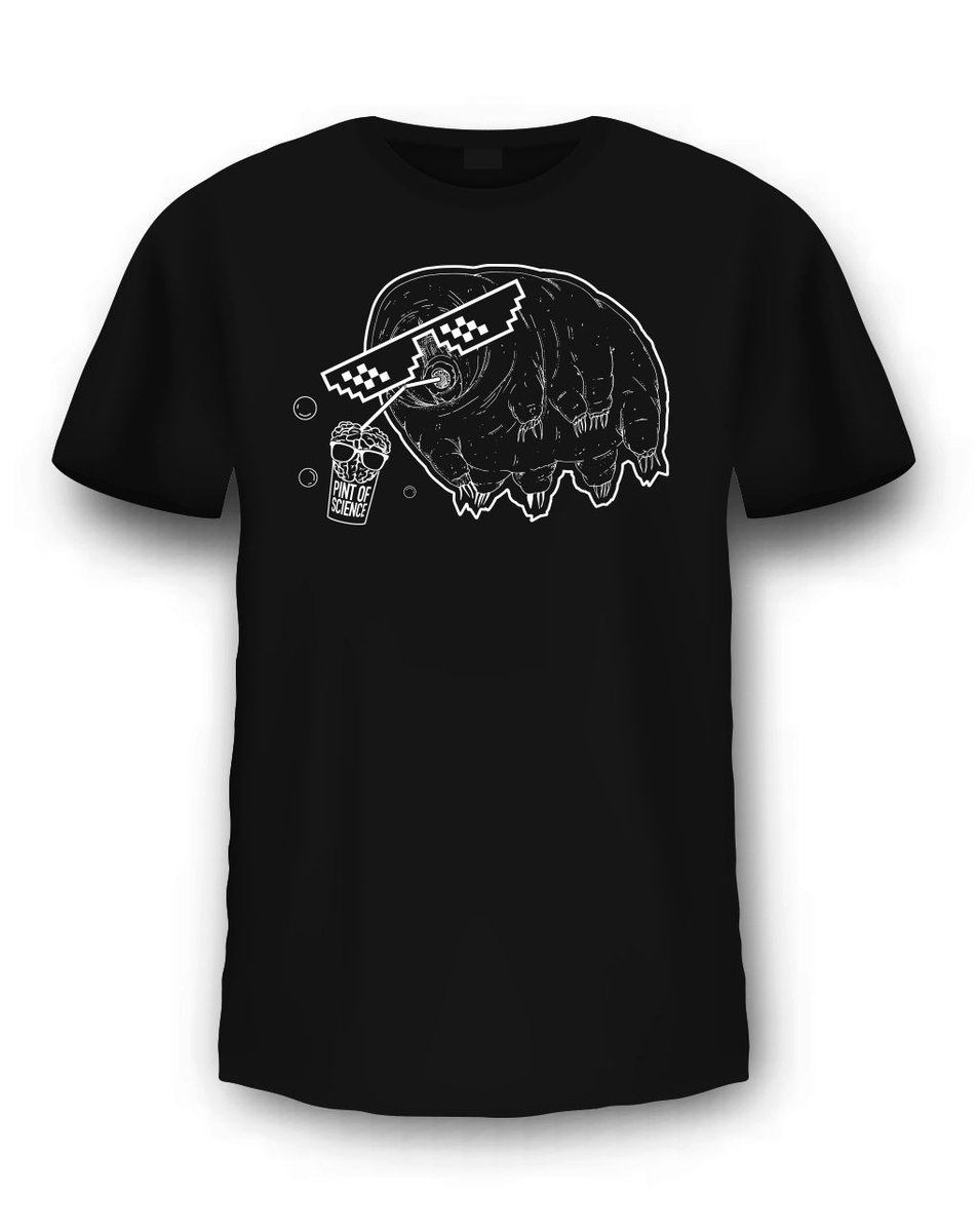 🥁Our #pint23 t-shirt is revealed! 🥳

We're celebrating ten years of Pint of Science with one of the most resilient organisms known: the tardigrade! 

This one's living its best life 🕶️ getting all its knowledge &amp; power from imbibing Pint of Science 🧠🍺👊🏾

🥰

#GeekChic