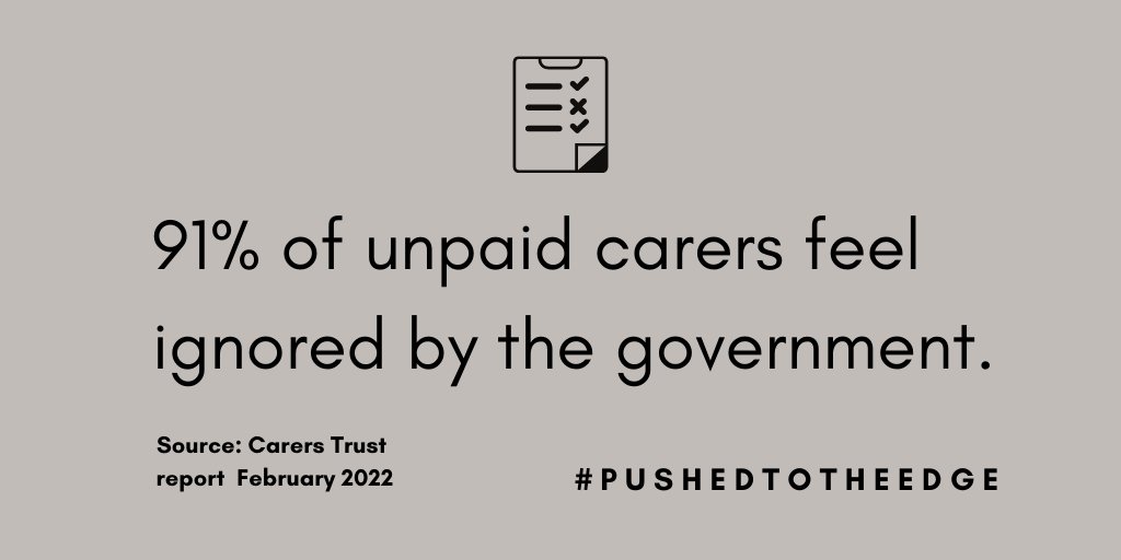 91 % of #UnpaidCarers feel ignored by government in a survey last year by Carers Trust #PushedToTheEdge What do you think #UnpaidCarers need to feel their voices have finally been heard? #ValueCarers