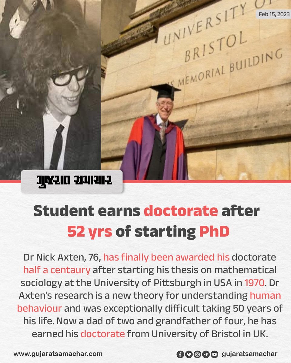 Student earns doctorate after 52 yrs of starting Phd 

#nickaxten #usa #phd #pittsburgh 
#uk #universityofbristol #doctor