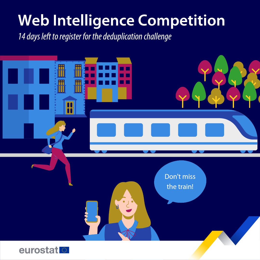 EU_Eurostat's tweet photo. 📢Registrations are still open for the #EUWebIntelligenceAwards❗
🏆Join the Deduplication Challenge & compete for Accuracy, AccuracyPlus & Reproducibility Awards. Test your programming skills & identify duplicate job postings
⌛Deadline: 1 March 2023
➡️https://t.co/Zip8rLwsGb https://t.co/h1NfqUMgbZ