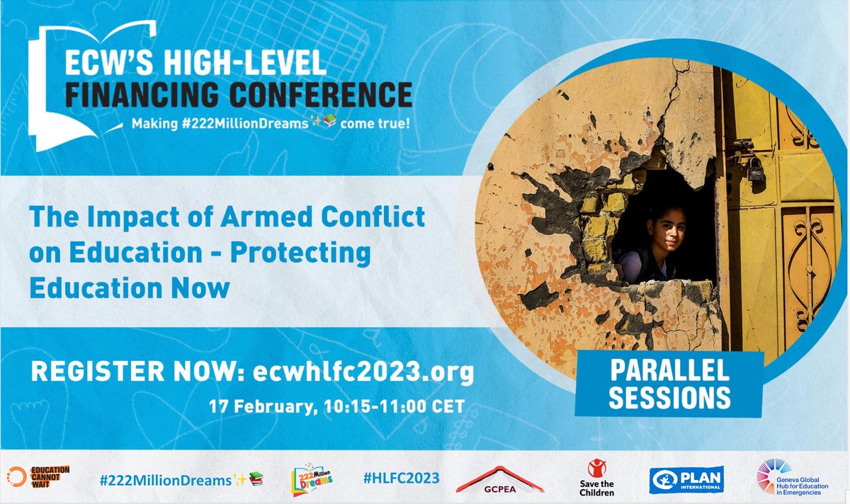 Join the #HLFC2023 Parallel Session 'The Impact of Armed Conflict on Education – #ProtectingEducation Now' which will examine how to better protect #education from attack.

#222MillionDreams✨📚 @EduCannotWait

🗓️17 Feb, 10:15-11am CET
💻 ecwhlfc2023.org