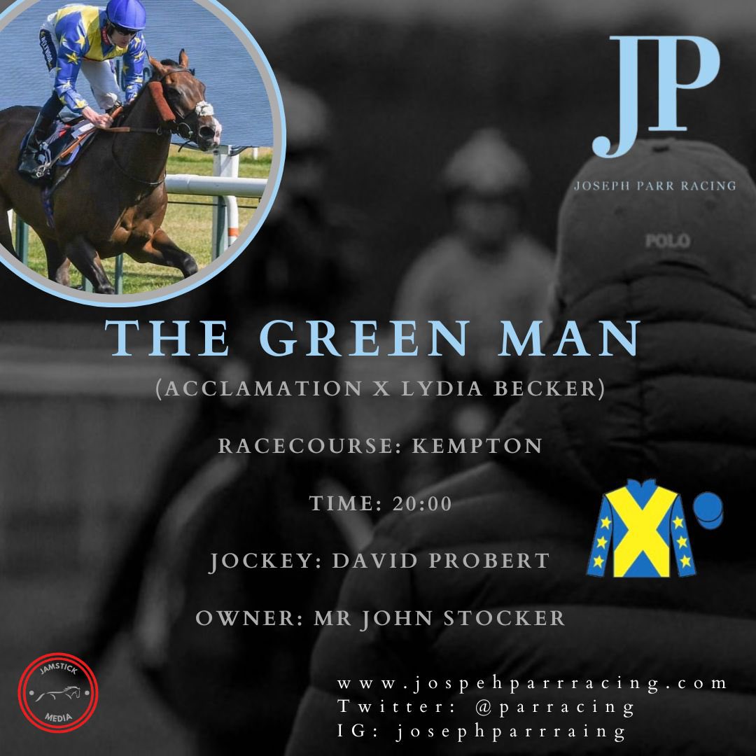 🔵 The Green Man 🟡 runs in the 20:00 sprint handicap with <a href="/davidprobert9/">David probert</a> taking the ride. Good luck to owner, Mr John Stocker 🤞🏼 #JPracing <a href="/JamstickMedia/">Jamstick Media</a>
