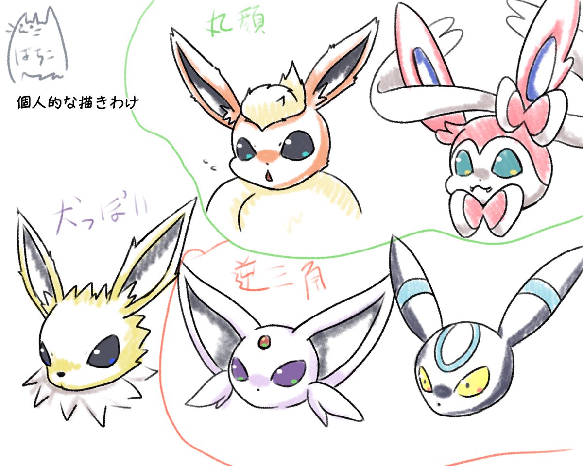 ニンフィア 「個人的なブイブイの描きわけ(現状ポケモンと生活に出てるブイズのみ丸顔組は手ぐせ感」|ばちこ先生☆boothで通販中！のイラスト