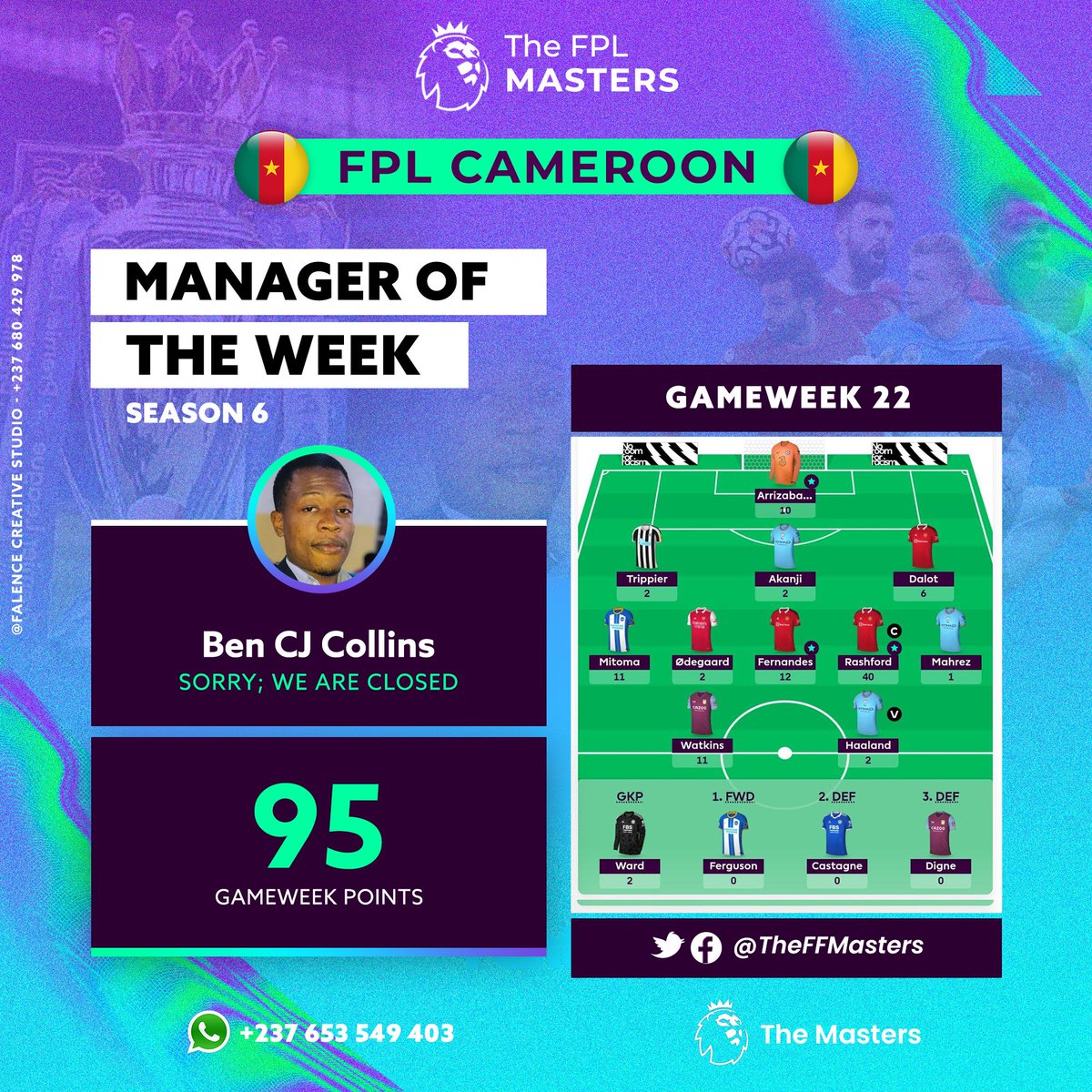 TheFFMasters's tweet photo. Manager of The Week - MOTW 🏆
Season 6

Congratulations to Ben CJCollins, manager of "Sorry; we're closed" for winning our Manager of the Week (MOTW) award for last Gameweek, GW22 with 95 points.

Congratulations once more!
#TheFFMasters
#FPLCommunity https://t.co/hzLnejEvqp