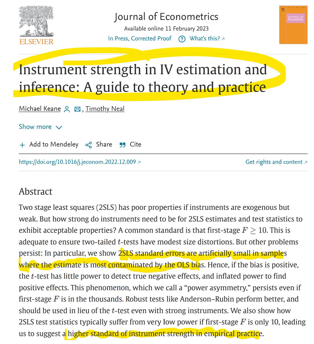 Hi #EconTwitter! 

For economists interested in 𝐈𝐧𝐬𝐭𝐫𝐮𝐦𝐞𝐧𝐭𝐚𝐥 𝐕𝐚𝐫𝐢𝐚𝐛𝐥𝐞𝐬 estimation, here's a brand new <a href="/JEconometrics/">Journal of Econometrics</a> paper by M Keane and T Neal (<a href="/UNSW/">UNSW</a>), showing yet again how problematic 2SLS inference can be.

A must-read for practitioners (and referees)!