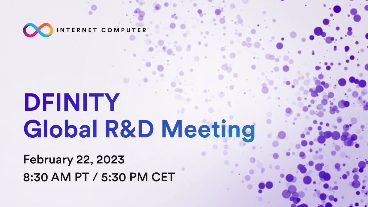 dfinity's tweet image. Get ready for a monthly dose of tech updates on the #InternetComputer! 

Join us for Global R&amp;amp;D and know about the latest on
♾ ckBTC
♾ ICRC-2
♾ SNS Status
♾ and community demos

Register now at bit.ly/3YrVook or join the livestream at bit.ly/3xjdKfm