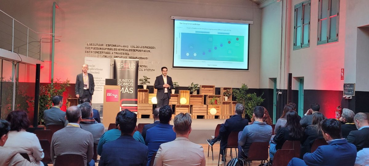 SPOUG_es's tweet photo. Turno ahora de escuchar la sesión "Finance Transformation and Tax Management Efficiency" a cargo de Jose Luis Nieto y David Cousins, Account Executive Principal y Global Partners Director de Vertex. #OracleEBSTour, #SPOUG. https://t.co/k9d1ukArl0
