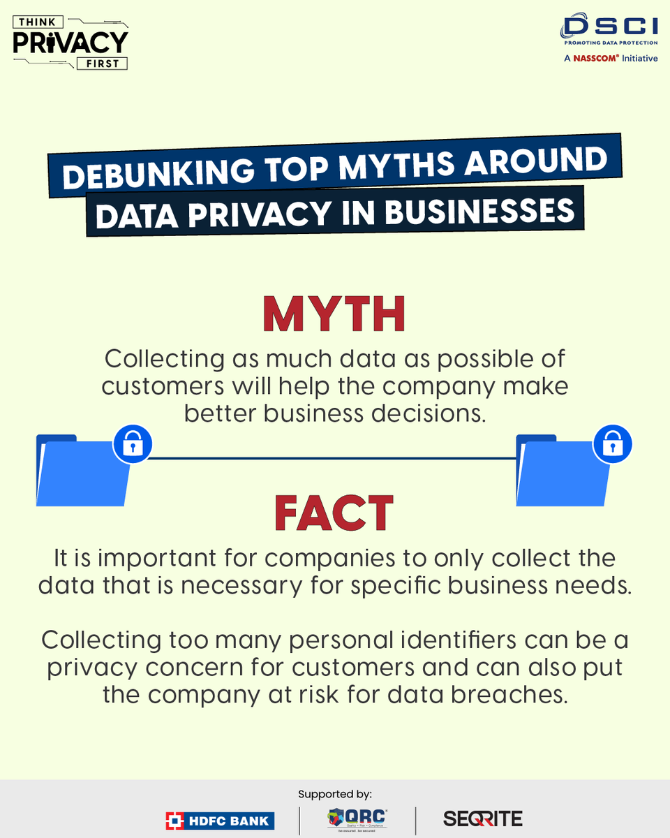 DSCI_Connect's tweet photo. #ThinkPrivacyFirst | 'Debunking Top Myths around Data Privacy in Businesses'
➡ Collecting unnecessary customer data doesn't guarantee better business decisions, in fact, it puts both customer #privacy and company's security at risk. https://t.co/eVcxhbHkb4