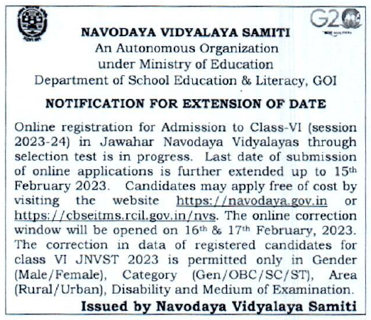 📢The last date for submission of online application for Class-VI Jawahar Navodaya Vidyalaya Selection Test 2023 has been further extended up to 15th Feb 2023. #JNVST

🗓️ Last Date to Apply : 15th Feb 2023
📝 Date of Exam : 29th Apr 2023
💻 Register Now : cbseitms.rcil.gov.in/nvs