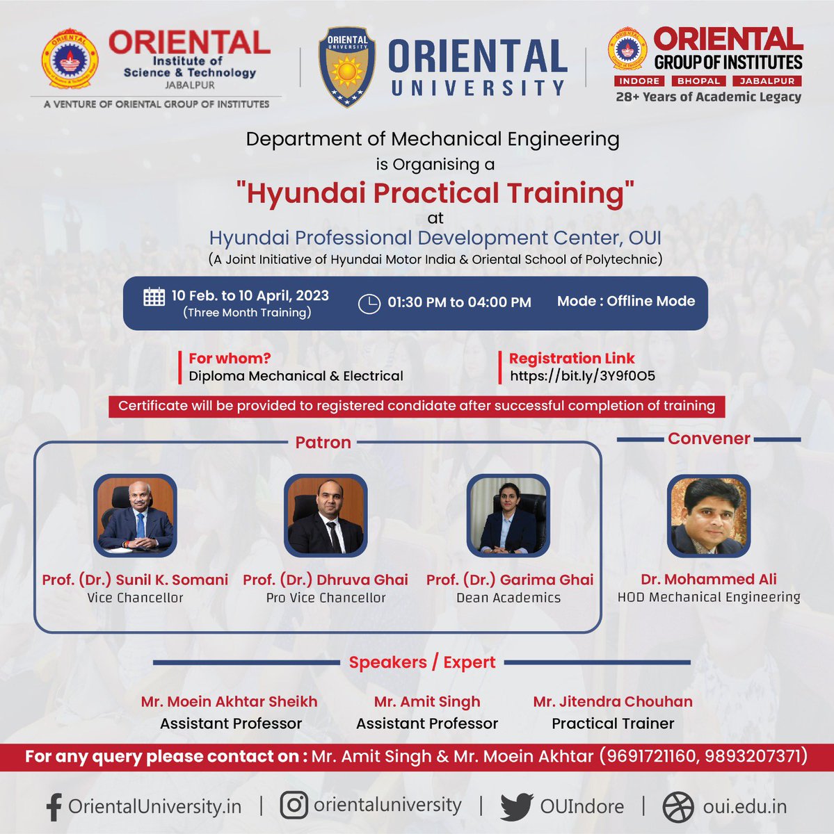 OUIndore's tweet photo. Department of Mechanical Engineering is organising a  "Hyundai Practical Training" on 10th feb. 2023, at Hyundai Professional Development Center, OUI ( A joint initiative of Hyundai Motor India &amp; Oriental School of Polytechnic)

Registration link : https://t.co/HnxqnfrdSX https://t.co/ed6EmvYx9s