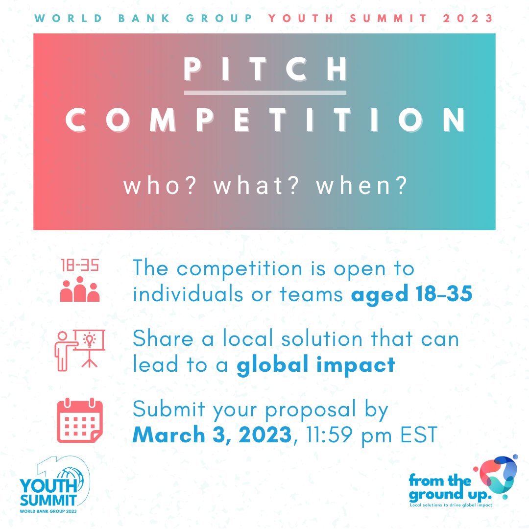 WorldBank's tweet image. Calling all young change-makers across the globe! Share a local solution to address fragility, violence and conflict, climate change, or financial insecurity that can have a global impact as part of the 2023 #WBGYouthSummit: wrld.bg/5xiL50MLPVZ
📅 Apply by: March 3