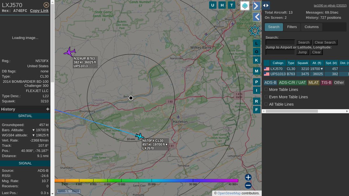 #LXJ570 / A74EFC: Squawk 3210, 8.9mi away @ 21175ft, heading E at 551.0mph @ 00:01:03 US Eastern Time. #LateNights #UpInTheClouds #ZOOOM #PROSPBerwick #ADSB