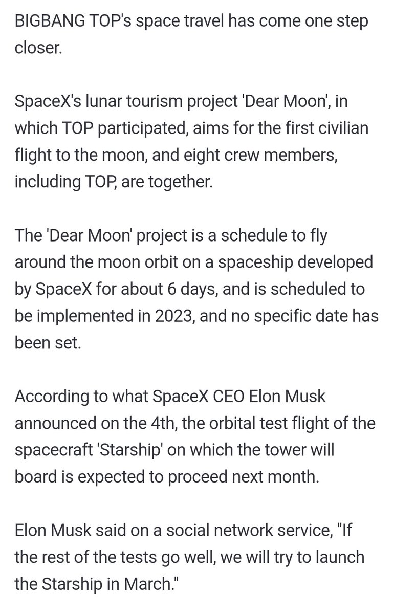 TOP_oftheTOP's tweet photo. ~Article~
BIGBANG's T.O.P, when will we go on a space trip?
https://t.co/cSB1IVW4KH
**Google Trans**

👨🏻‍🚀🚀🌕
#TOP #ChoiSeungHyun #탑 #최승현 #빅뱅 #TTTOP #BIGBANG https://t.co/TO6v8RN2bz