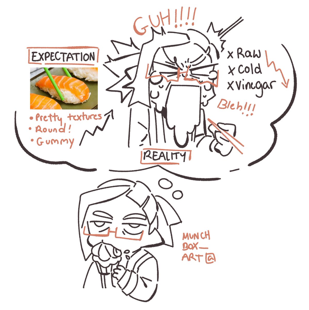 I know sushi and sashimi are different but they're the same to me, I just don't like how it feels...
Also I'm doing Chocoboxes for my OCs and not myself, but I appreciate them regardless, thank you 