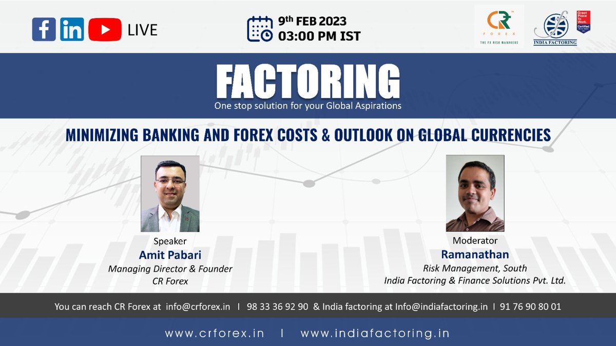 forex_cr's tweet photo. How to increase your profit margin by reducing the Banking &amp; Forex costs? And also know the outlook on the major global currencies &amp; strategies for hedging.

‘CR Forex’ in association with ‘India Factoring’ invites you to attend a live webinar https://t.co/zXzdv5Z7pZ