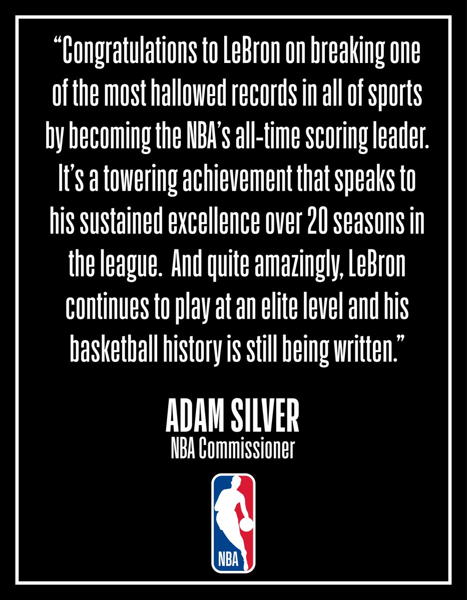 NBAPR's tweet photo. NBA Commissioner Adam Silver issued the following statement regarding the Los Angeles Lakers’ LeBron James passing Kareem Abdul-Jabbar to become the NBA’s all-time leading scorer: https://t.co/g5fbU190IZ